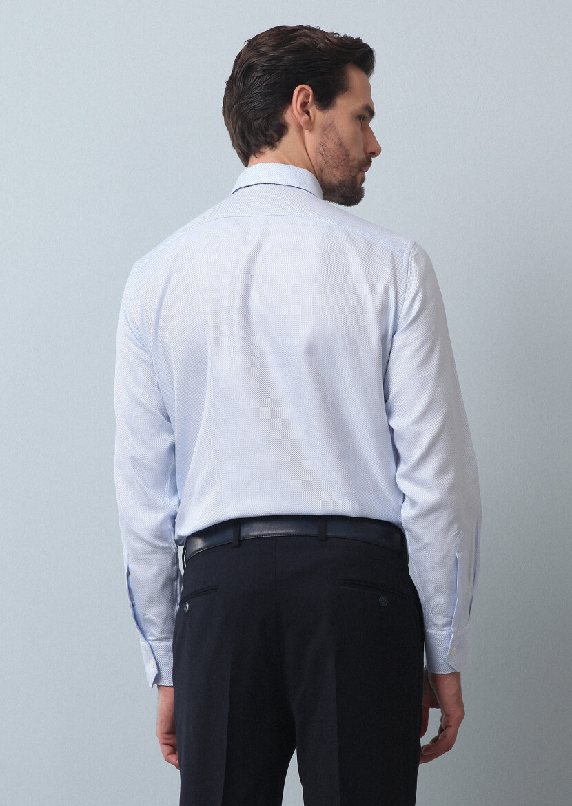 Blue Plain Regular Fit Long Weaving Classical 100% Cotton Shirt - 5