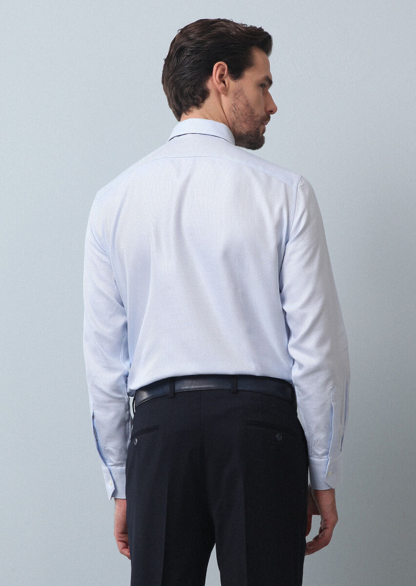 Blue Plain Regular Fit Long Weaving Classical 100% Cotton Shirt - 5