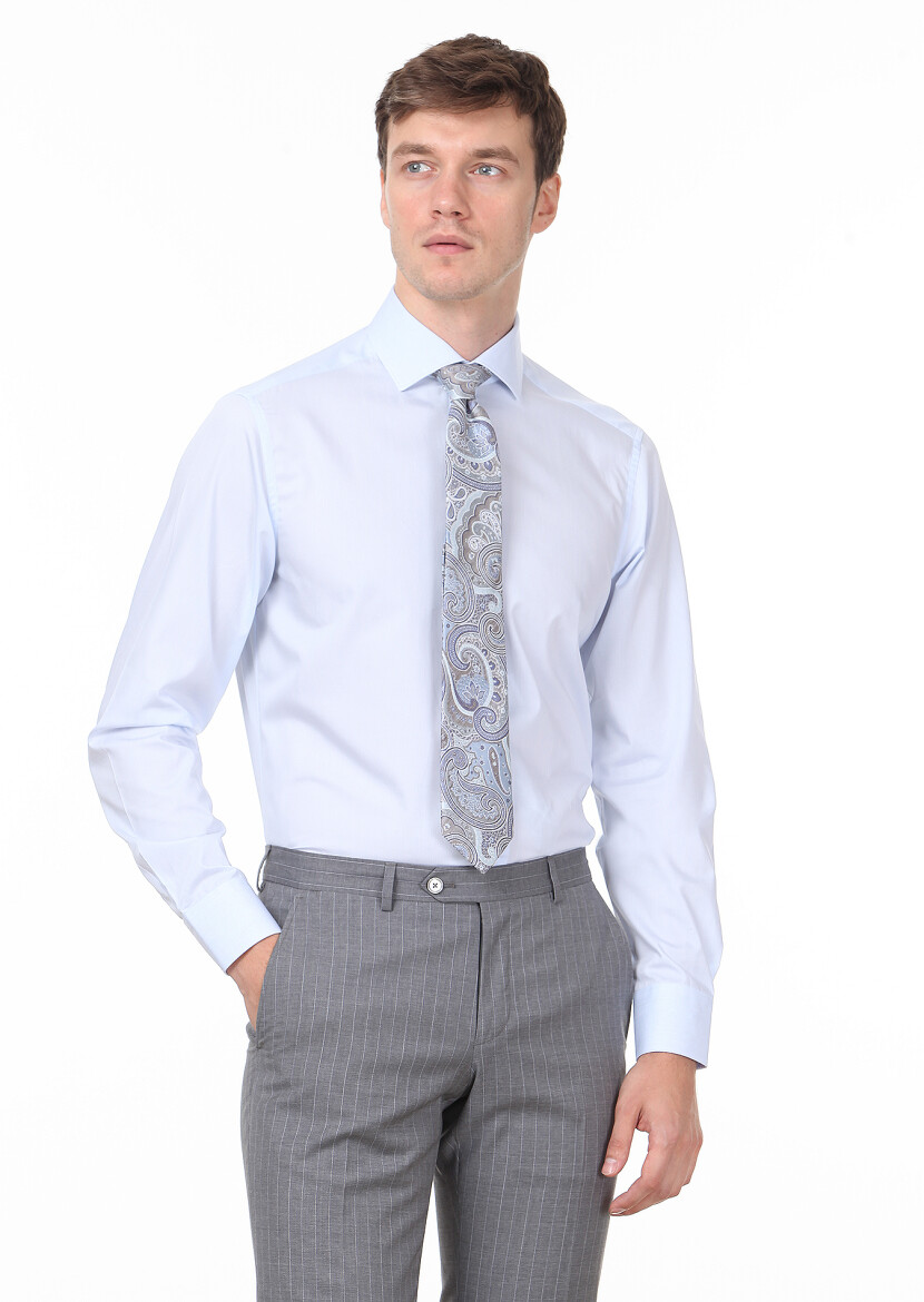Blue Plain Regular Fit Long Weaving Classical 100% Cotton Shirt - 1