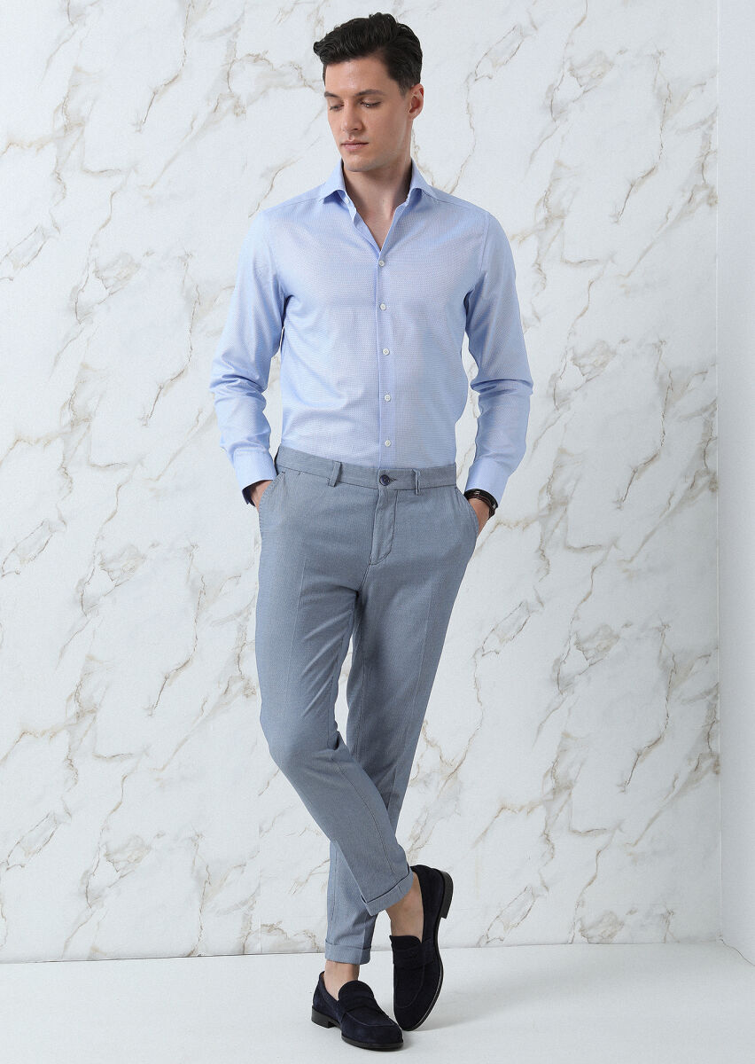 Blue Plain Regular Fit Long Weaving Classical 100% Cotton Shirt - 1