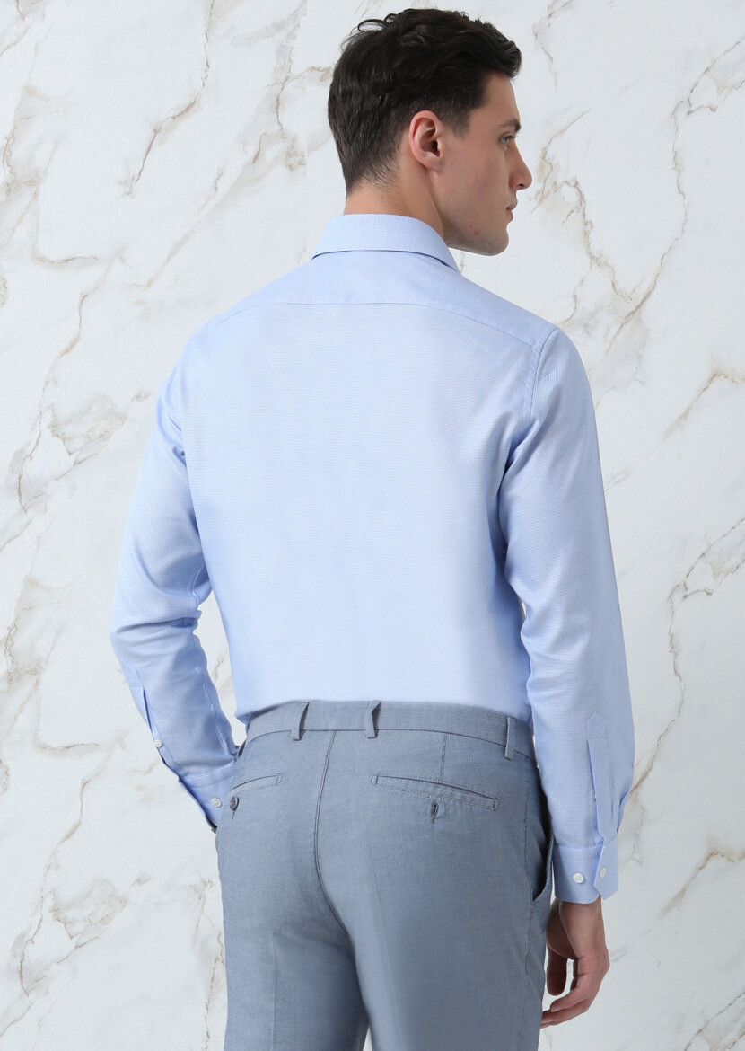 Blue Plain Regular Fit Long Weaving Classical 100% Cotton Shirt - 5