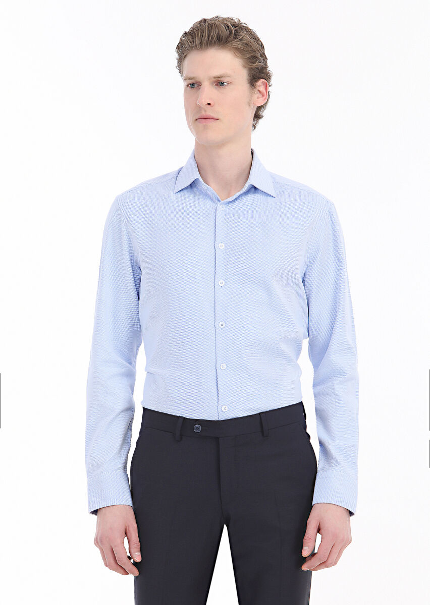 Blue Plain Regular Fit Long Weaving Classical 100% Cotton Shirt - 2