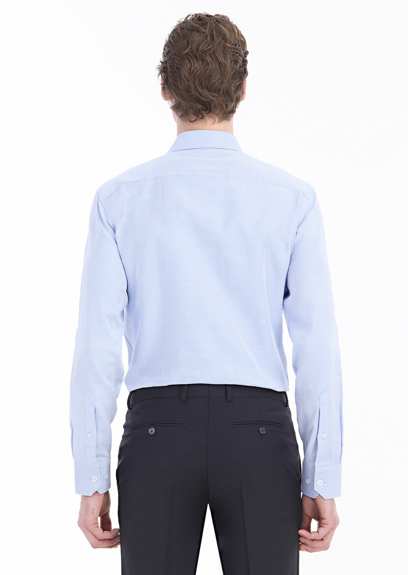Blue Plain Regular Fit Long Weaving Classical 100% Cotton Shirt - 3