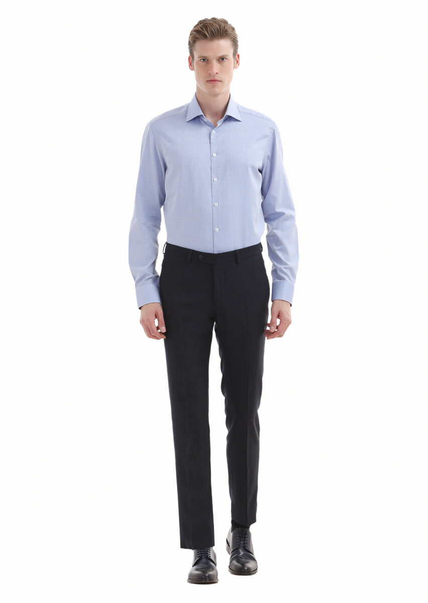 Blue Plain Regular Fit Long Weaving Classical 100% Cotton Shirt - 1