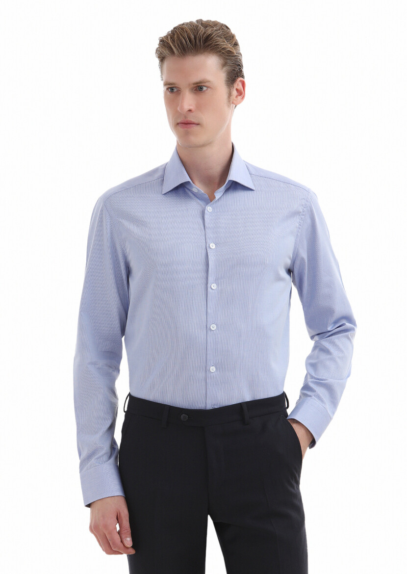 Blue Plain Regular Fit Long Weaving Classical 100% Cotton Shirt - 2