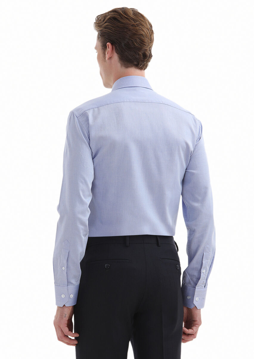 Blue Plain Regular Fit Long Weaving Classical 100% Cotton Shirt - 3
