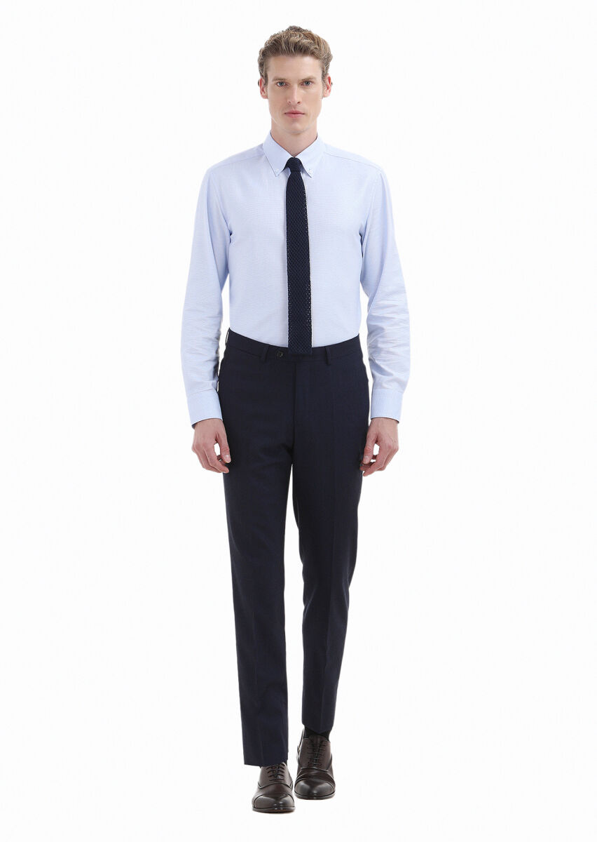 Blue Plain Regular Fit Long Weaving Classical 100% Cotton Shirt - 2