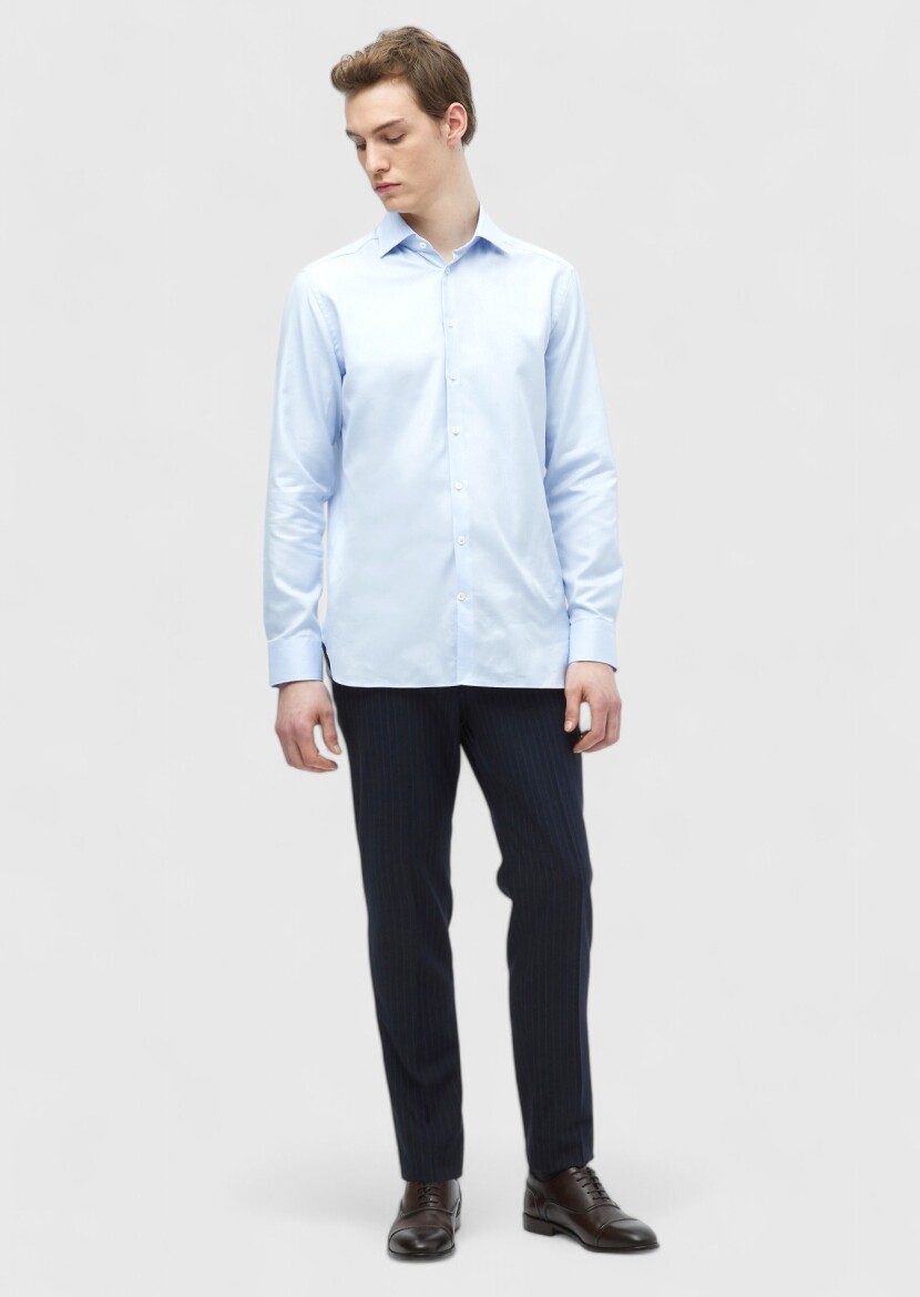 Blue Plain Regular Fit Long Weaving Classical 100% Cotton Shirt - RAMSEY