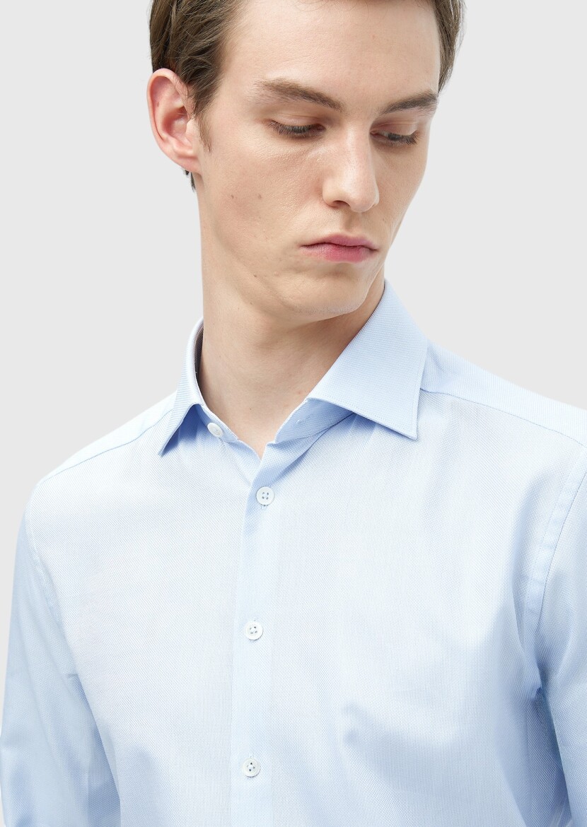 Blue Plain Regular Fit Long Weaving Classical 100% Cotton Shirt - 3