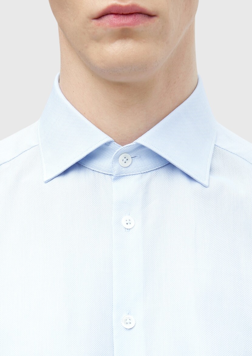 Blue Plain Regular Fit Long Weaving Classical 100% Cotton Shirt - 5