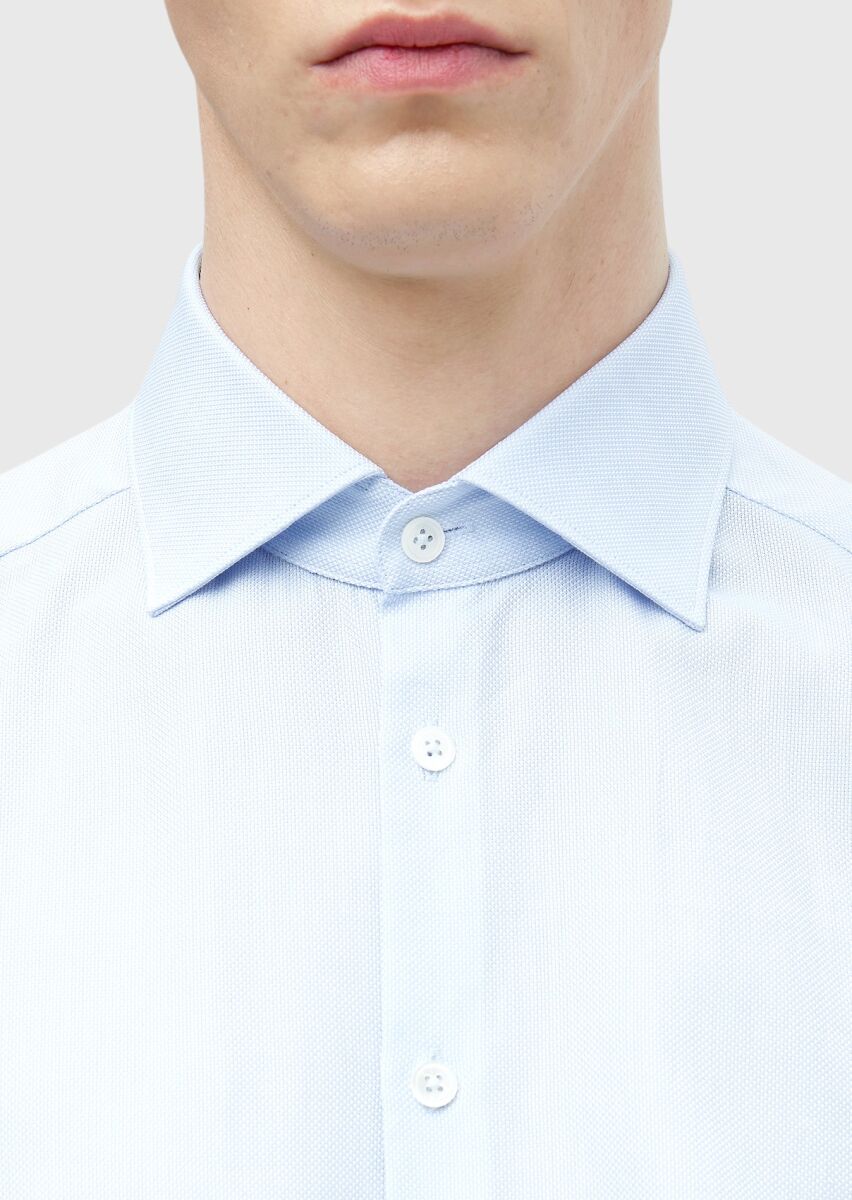 Blue Plain Regular Fit Long Weaving Classical 100% Cotton Shirt - 5