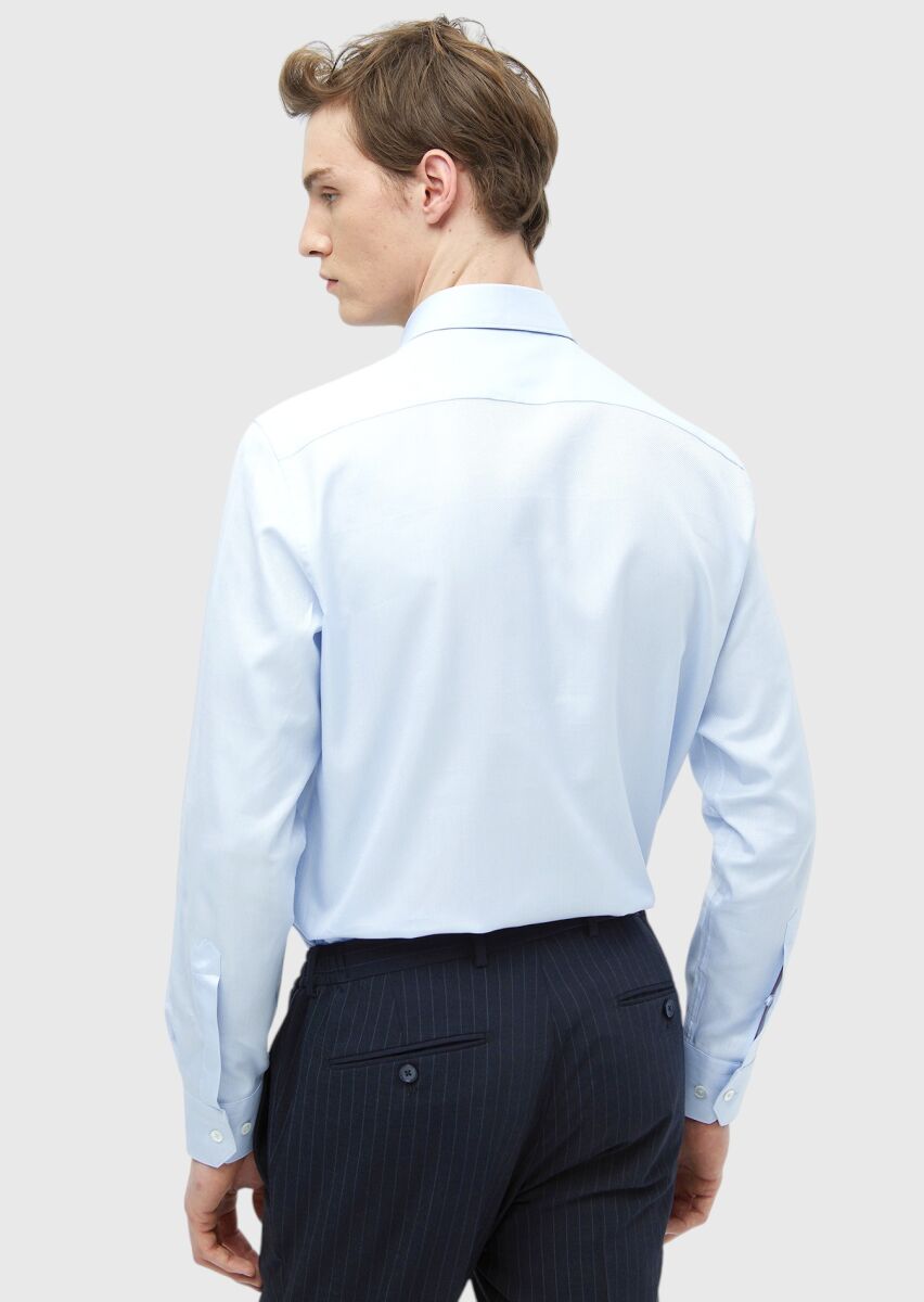 Blue Plain Regular Fit Long Weaving Classical 100% Cotton Shirt - 6