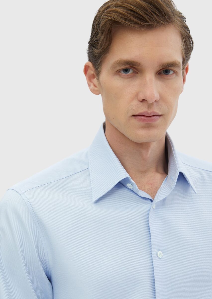 Blue Plain Regular Fit Long Weaving Classical 100% Cotton Shirt - 4