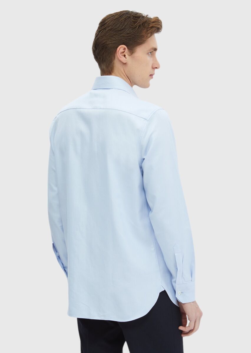 Blue Plain Regular Fit Long Weaving Classical 100% Cotton Shirt - 5