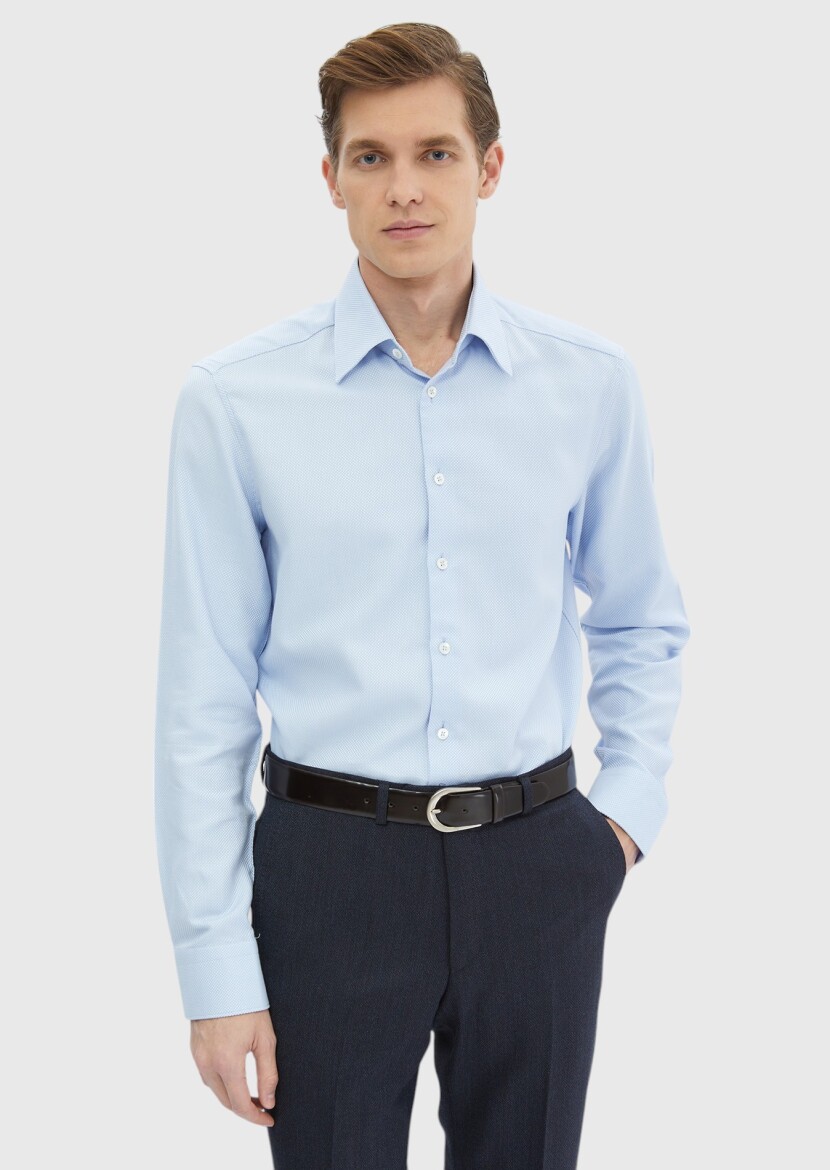 Blue Plain Regular Fit Long Weaving Classical 100% Cotton Shirt - RAMSEY