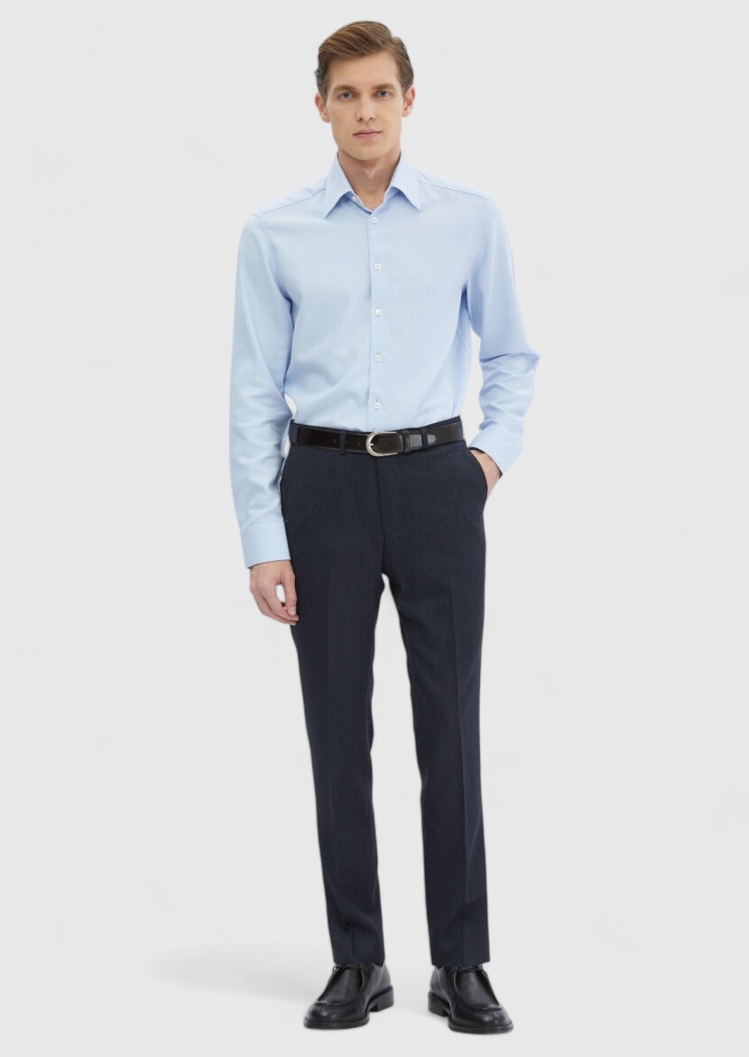 Blue Plain Regular Fit Long Weaving Classical 100% Cotton Shirt - RAMSEY