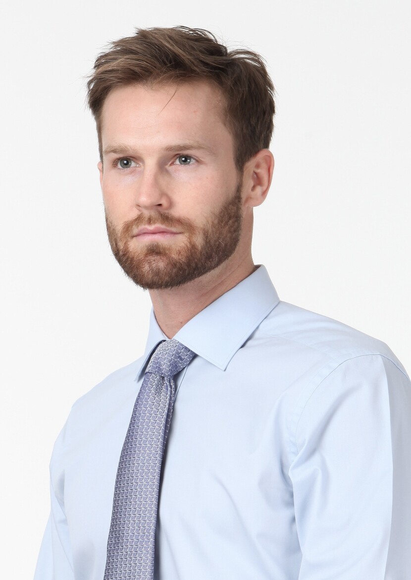 Blue Plain Regular Fit Long Weaving Classical Cotton Blended Shirt - 3