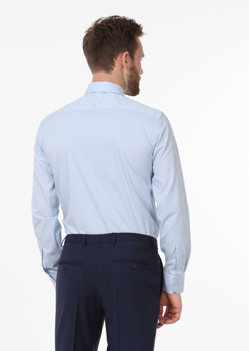 Blue Plain Regular Fit Long Weaving Classical Cotton Blended Shirt - 4