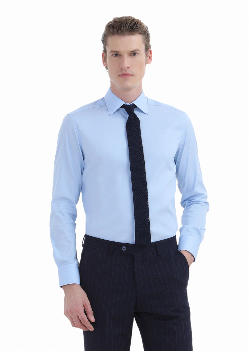 Blue Plain Regular Fit Long Weaving Classical Cotton Blended Shirt - 1