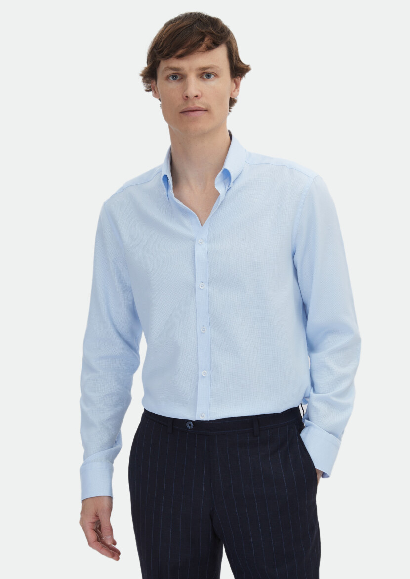 Blue Plain Regular Fit Long Weaving Classical Cotton Blended Shirt - 1