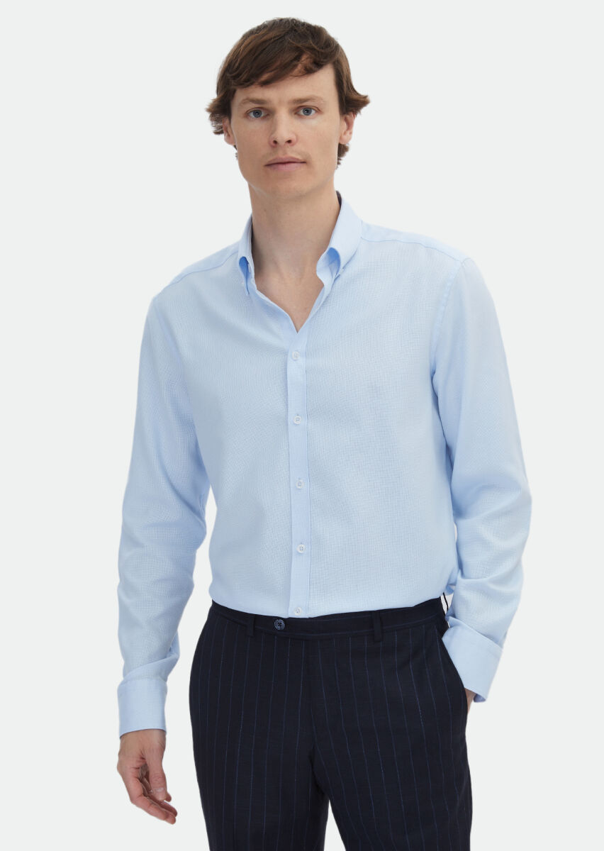 Blue Plain Regular Fit Long Weaving Classical Cotton Blended Shirt - 1