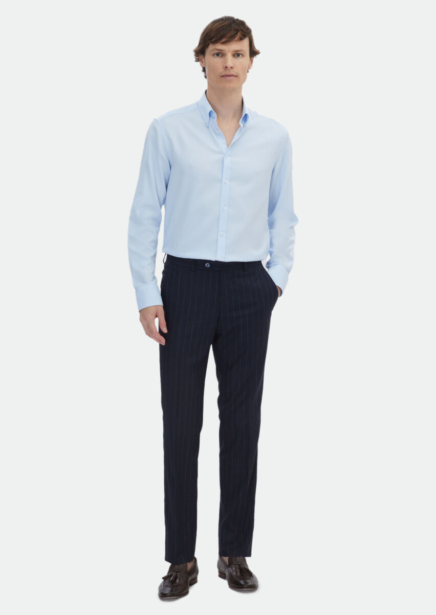 Blue Plain Regular Fit Long Weaving Classical Cotton Blended Shirt - 2