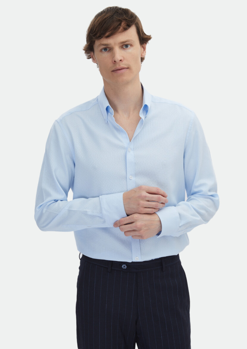 Blue Plain Regular Fit Long Weaving Classical Cotton Blended Shirt - 3