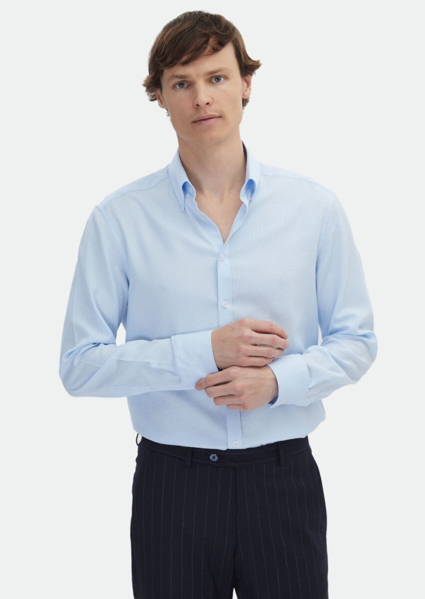 Blue Plain Regular Fit Long Weaving Classical Cotton Blended Shirt - 3