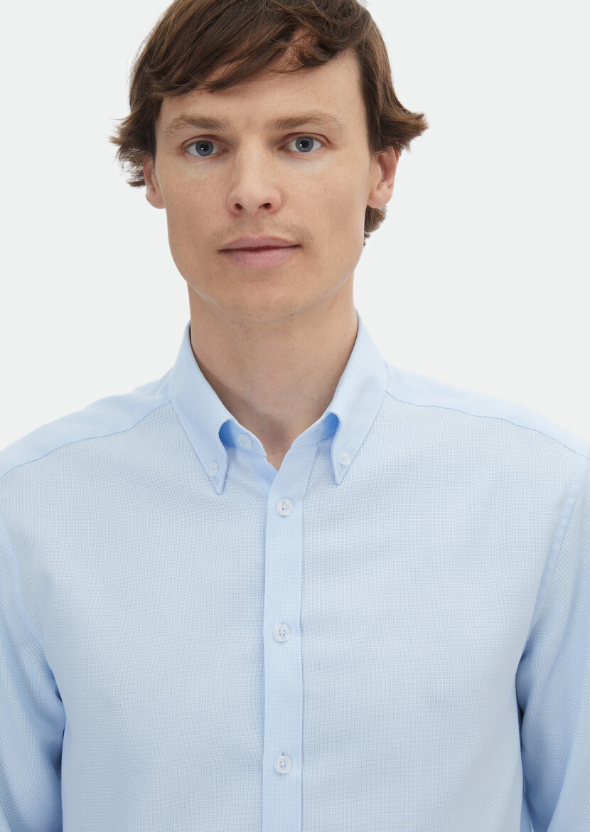 Blue Plain Regular Fit Long Weaving Classical Cotton Blended Shirt - 4