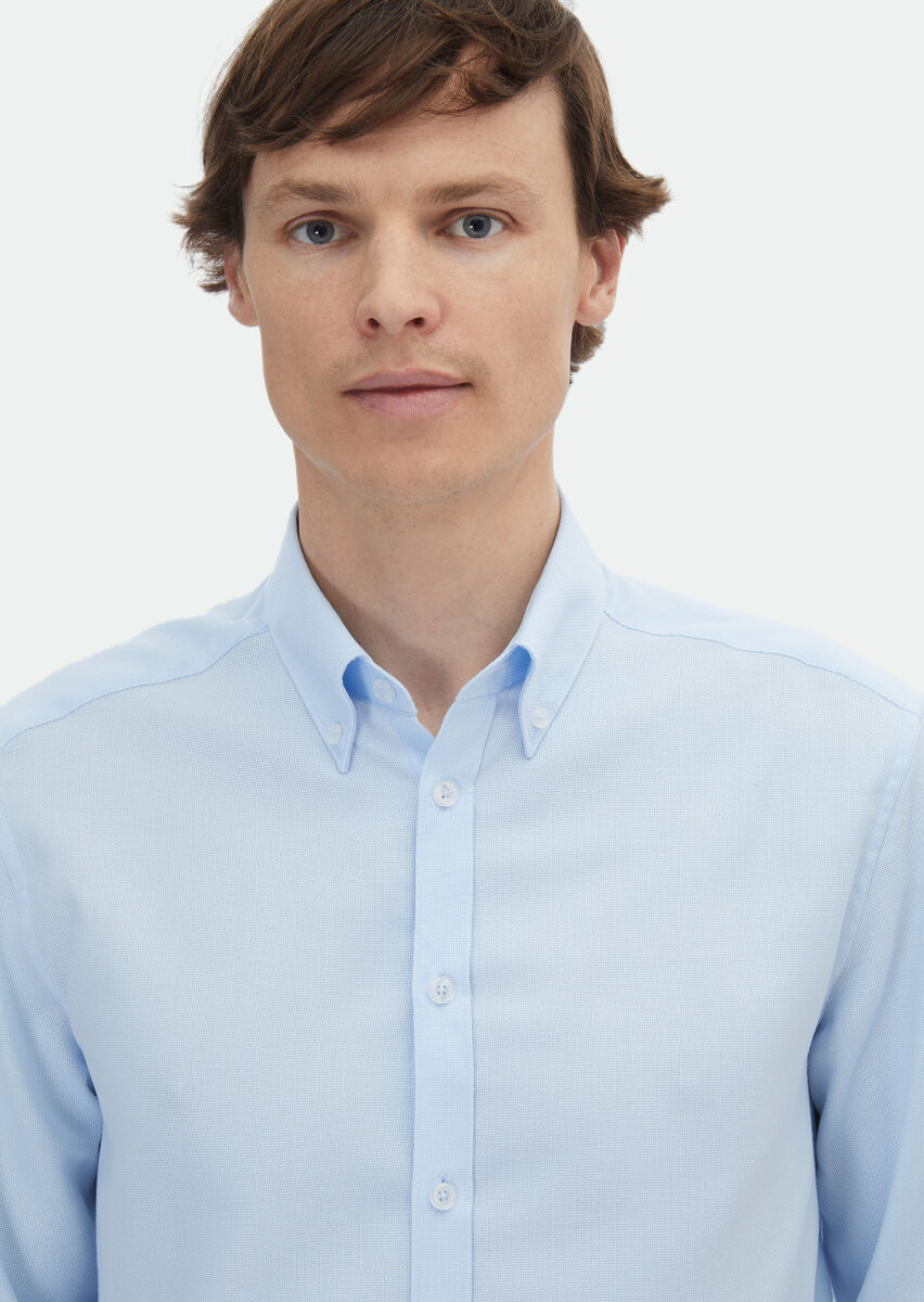 Blue Plain Regular Fit Long Weaving Classical Cotton Blended Shirt - 4