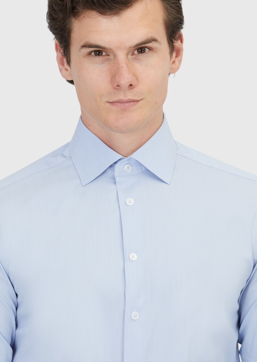 Blue Plain Regular Fit Long Weaving Classical Cotton Blended Shirt - 3