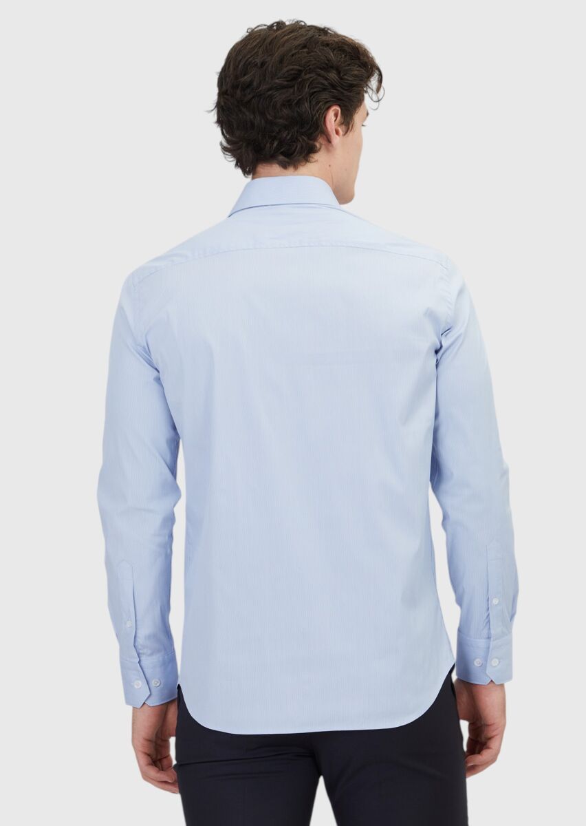 Blue Plain Regular Fit Long Weaving Classical Cotton Blended Shirt - 4