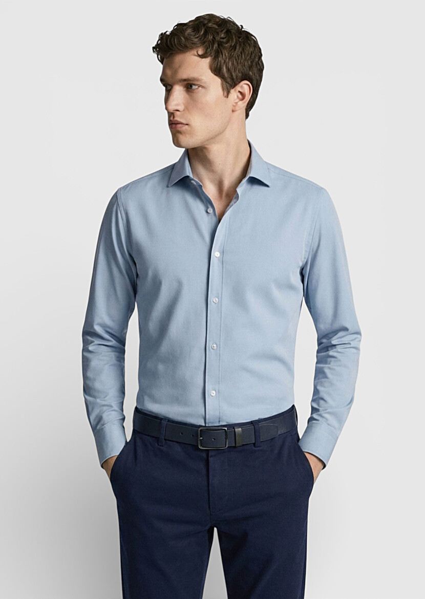 Blue Plain Regular Fit Long Weaving Classical Shirt - 1