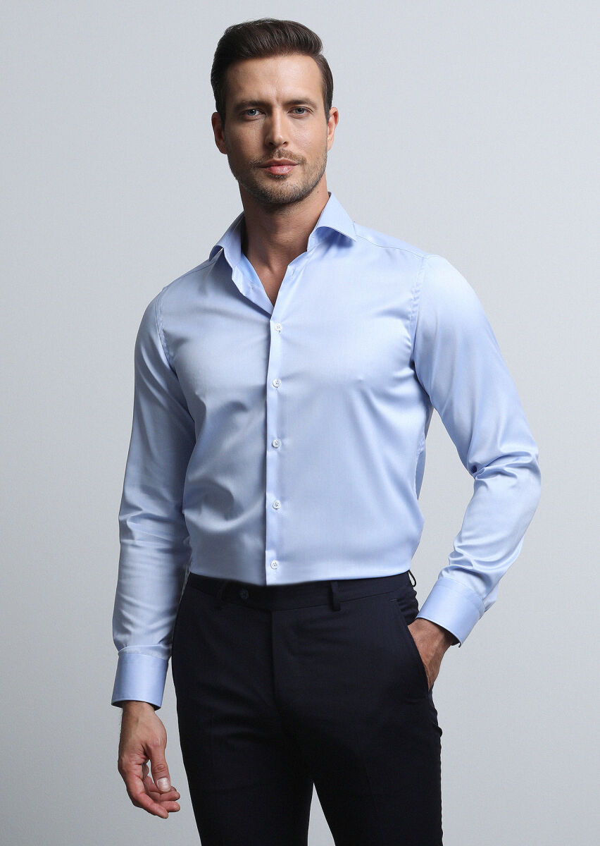 Blue Plain Regular Fit Non Iron Long Weaving Classical 100% Cotton Shirt - 3
