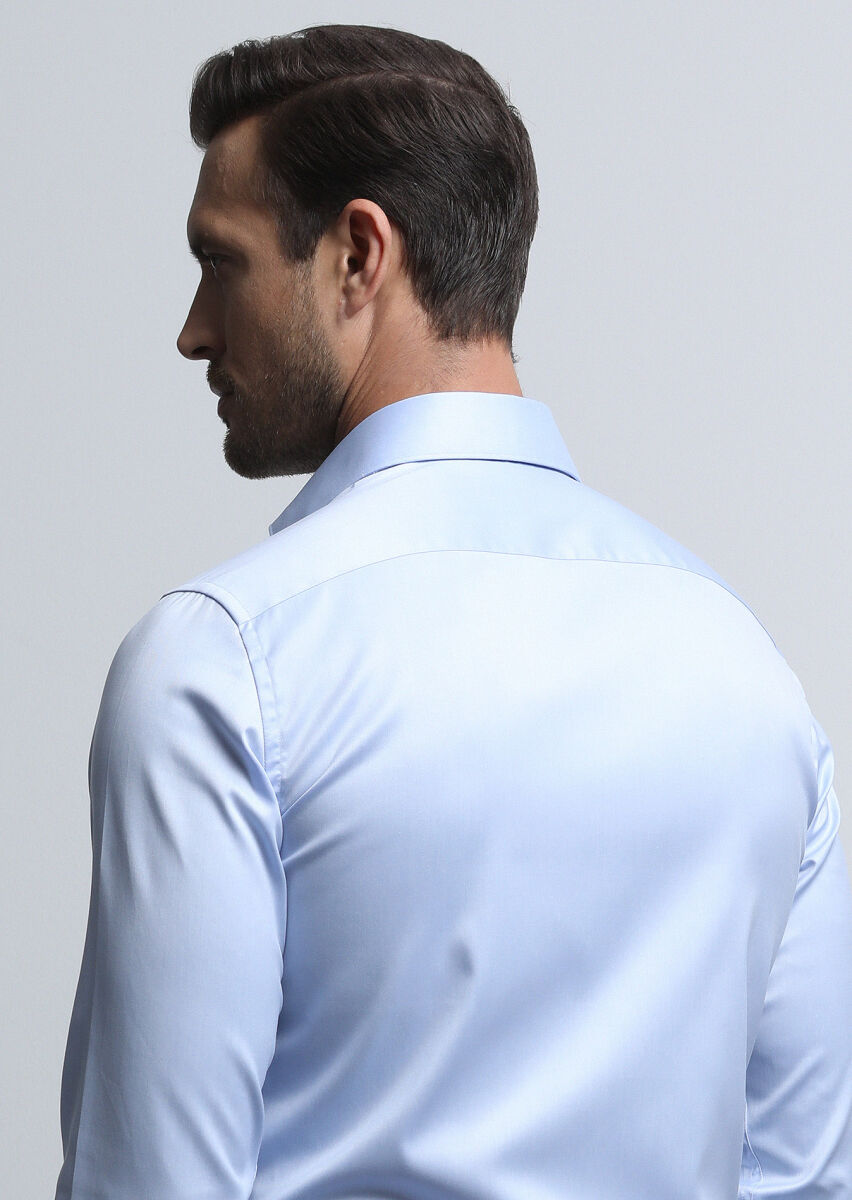 Blue Plain Regular Fit Non Iron Long Weaving Classical 100% Cotton Shirt - 5