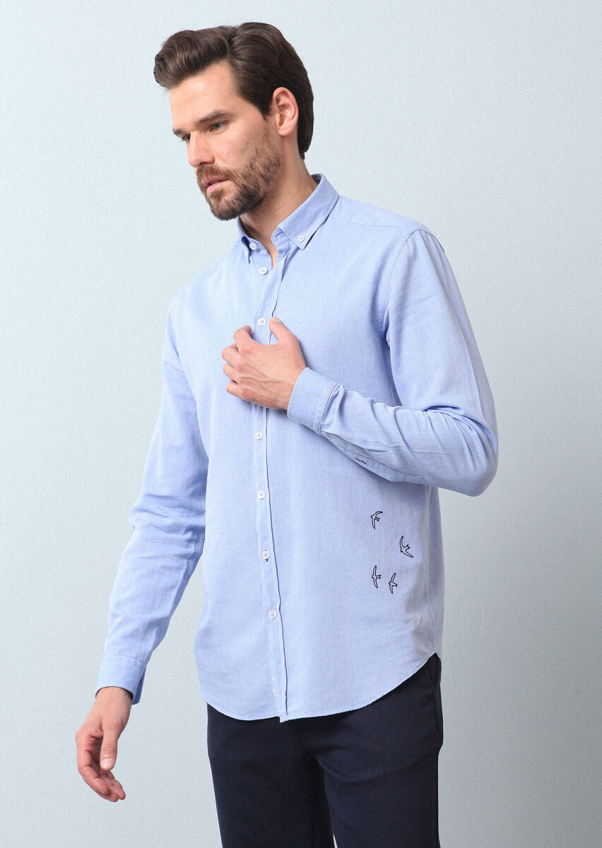 Blue Plain Regular Fit Weaving Casual 100% Cotton Shirt - 1