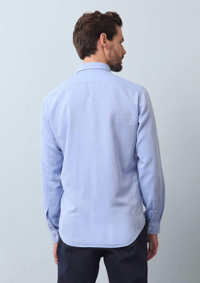 Blue Plain Regular Fit Weaving Casual 100% Cotton Shirt - 5