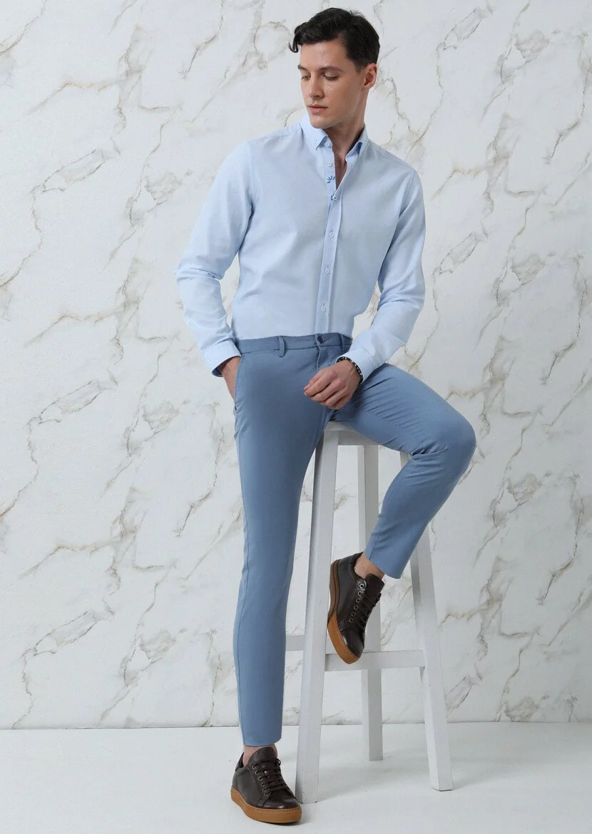 Blue Plain Regular Fit Weaving Casual 100% Cotton Shirt - 4