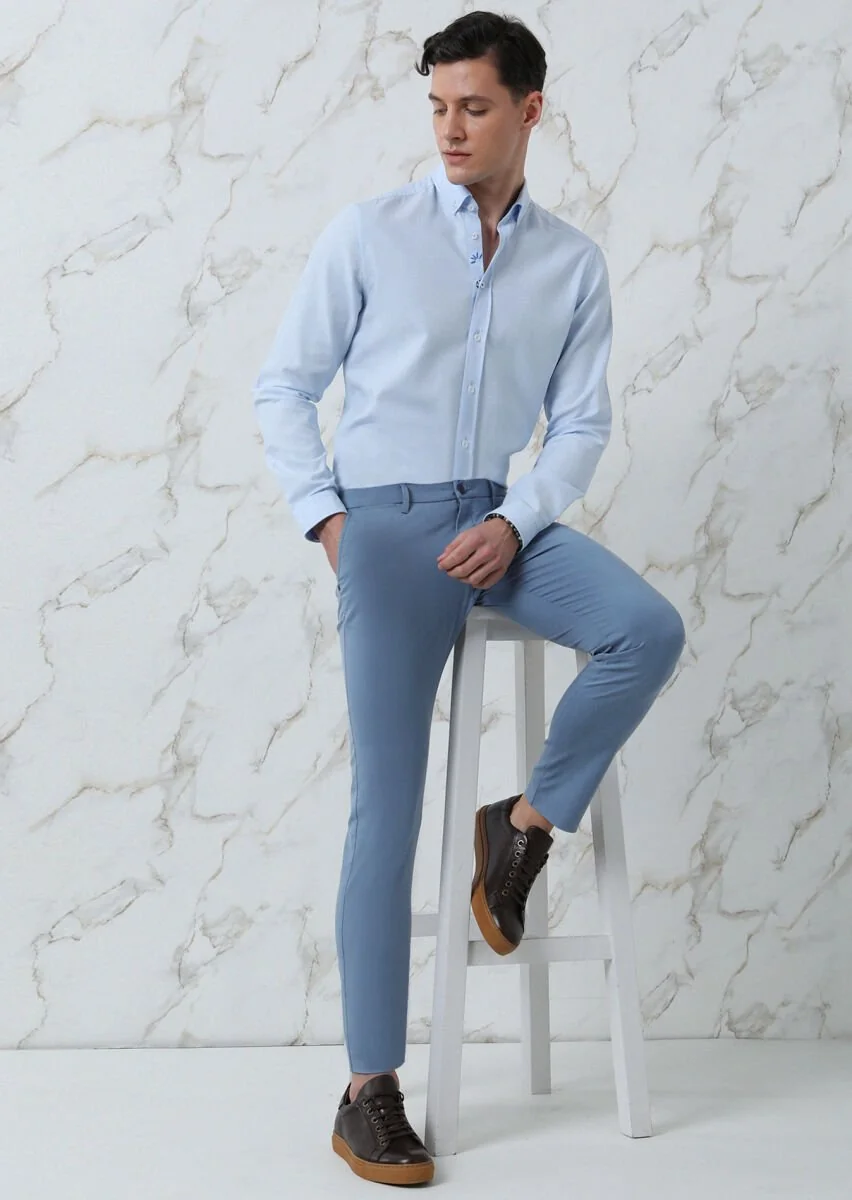 Blue Plain Regular Fit Weaving Casual 100% Cotton Shirt - 4