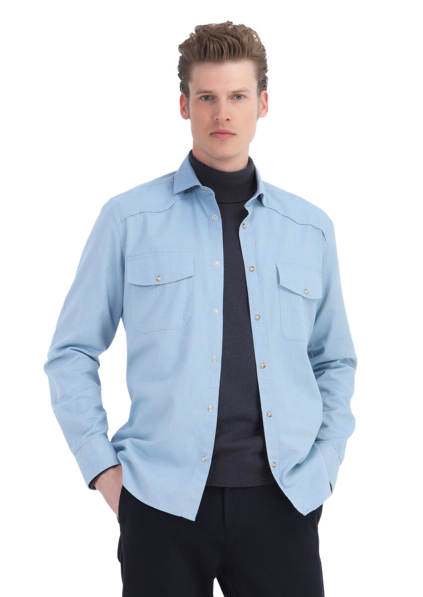 Blue Plain Regular Fit Weaving Casual 100% Cotton Shirt - 1