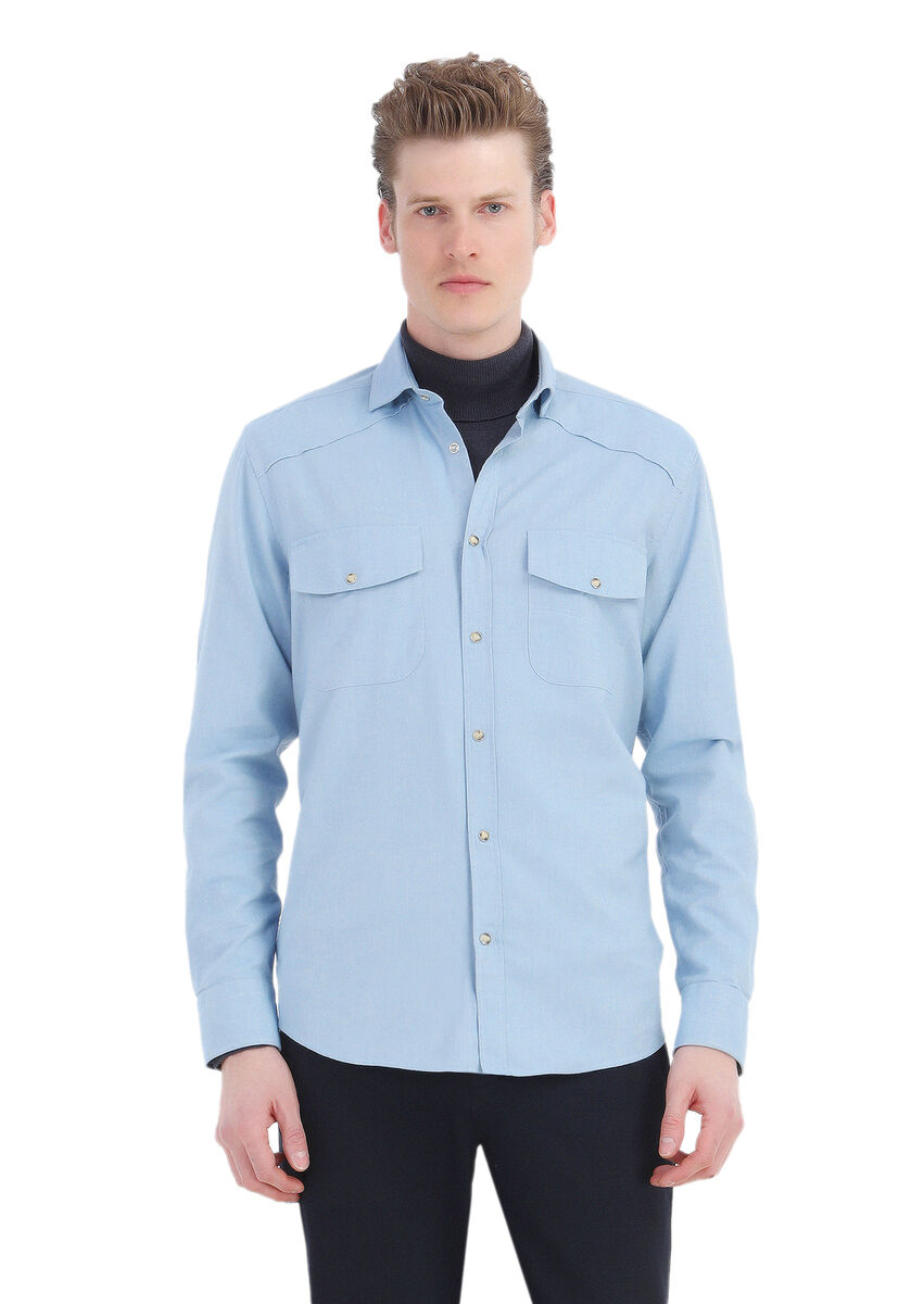 Blue Plain Regular Fit Weaving Casual 100% Cotton Shirt - 3