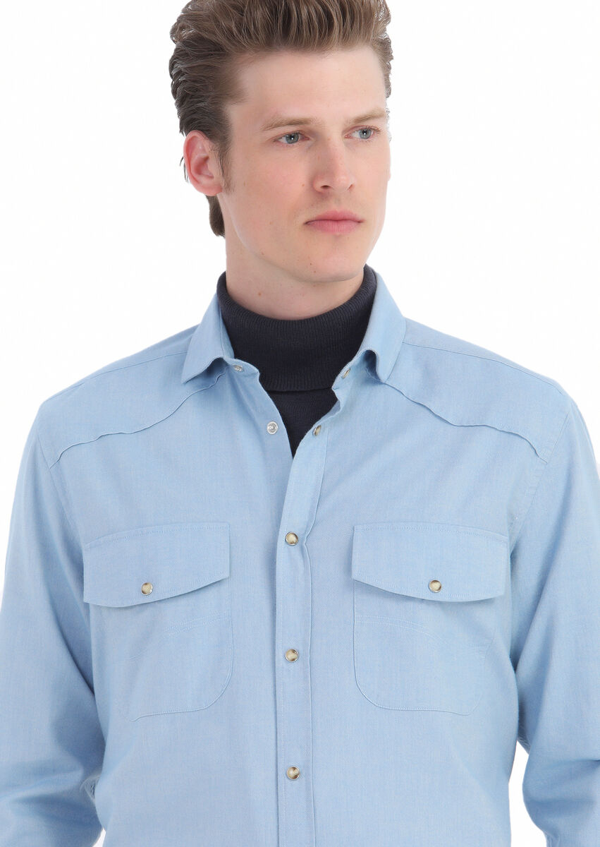 Blue Plain Regular Fit Weaving Casual 100% Cotton Shirt - 4