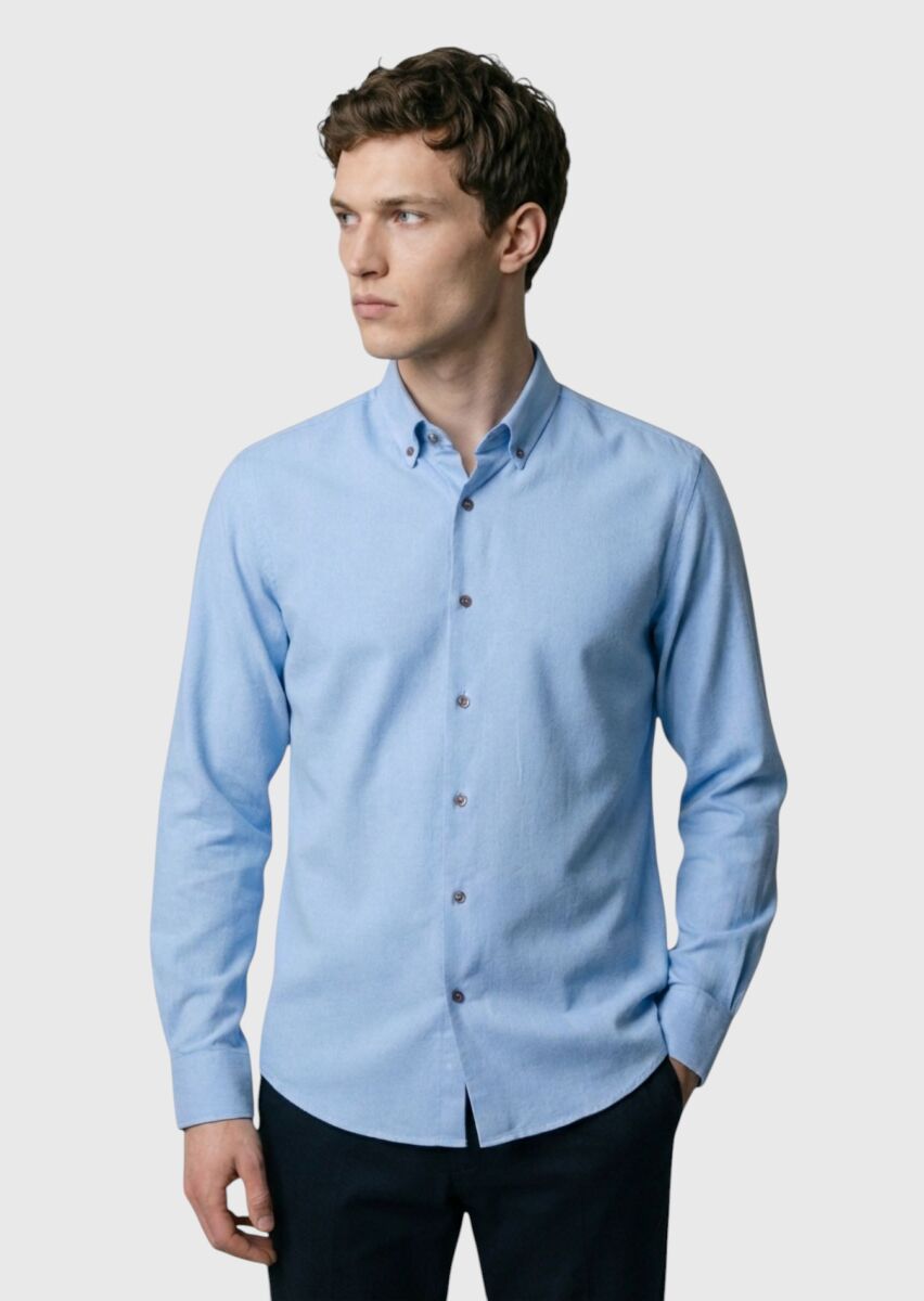 Blue Plain Regular Fit Weaving Casual 100% Cotton Shirt - 1