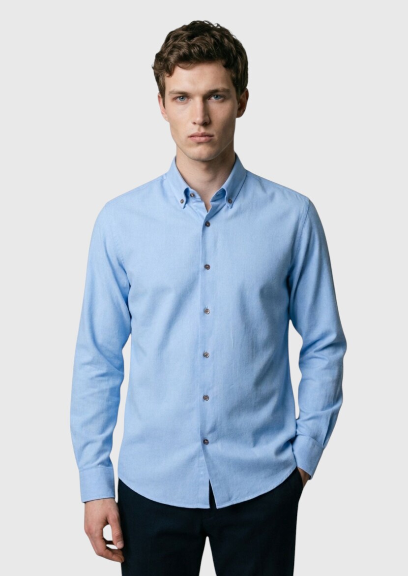 Blue Plain Regular Fit Weaving Casual 100% Cotton Shirt - 3