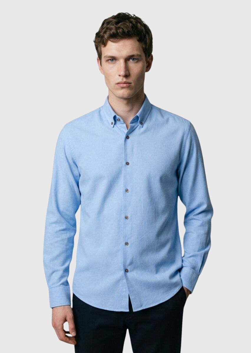 Blue Plain Regular Fit Weaving Casual 100% Cotton Shirt - 3
