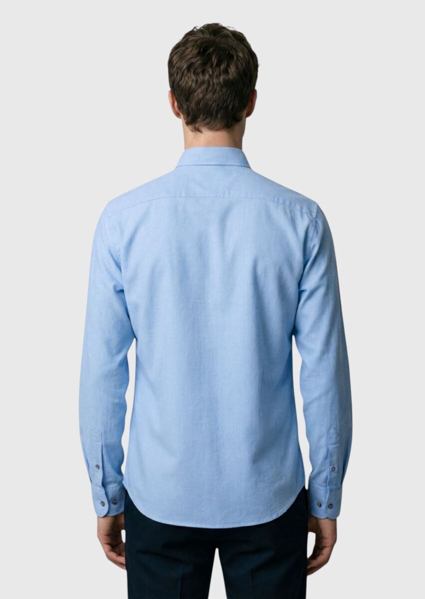 Blue Plain Regular Fit Weaving Casual 100% Cotton Shirt - 4