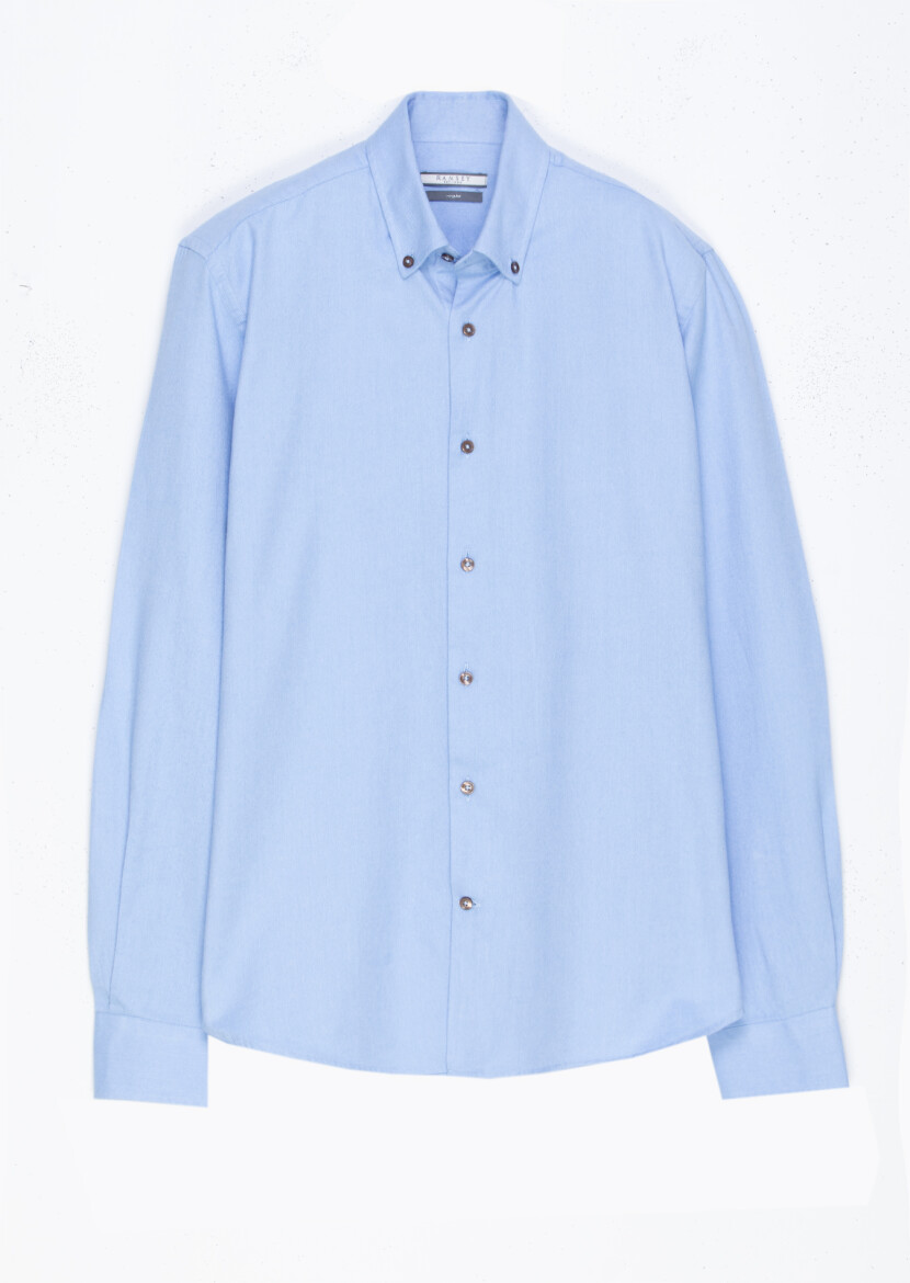 Blue Plain Regular Fit Weaving Casual 100% Cotton Shirt - 5