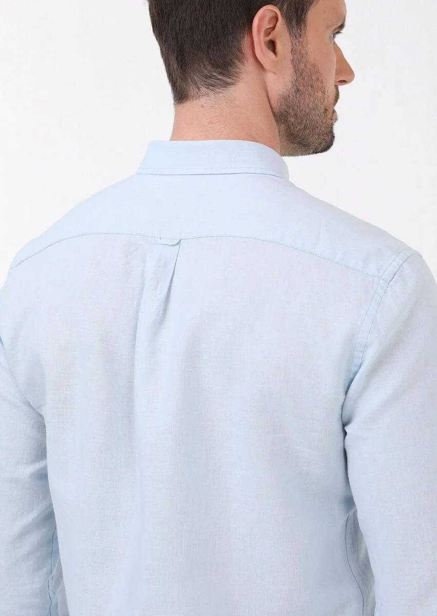 Blue Plain Regular Fit Weaving Casual Cotton Blended Shirt - 5