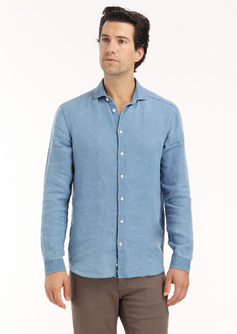 Blue Plain Regular Fit Weaving Casual Shirt - 2