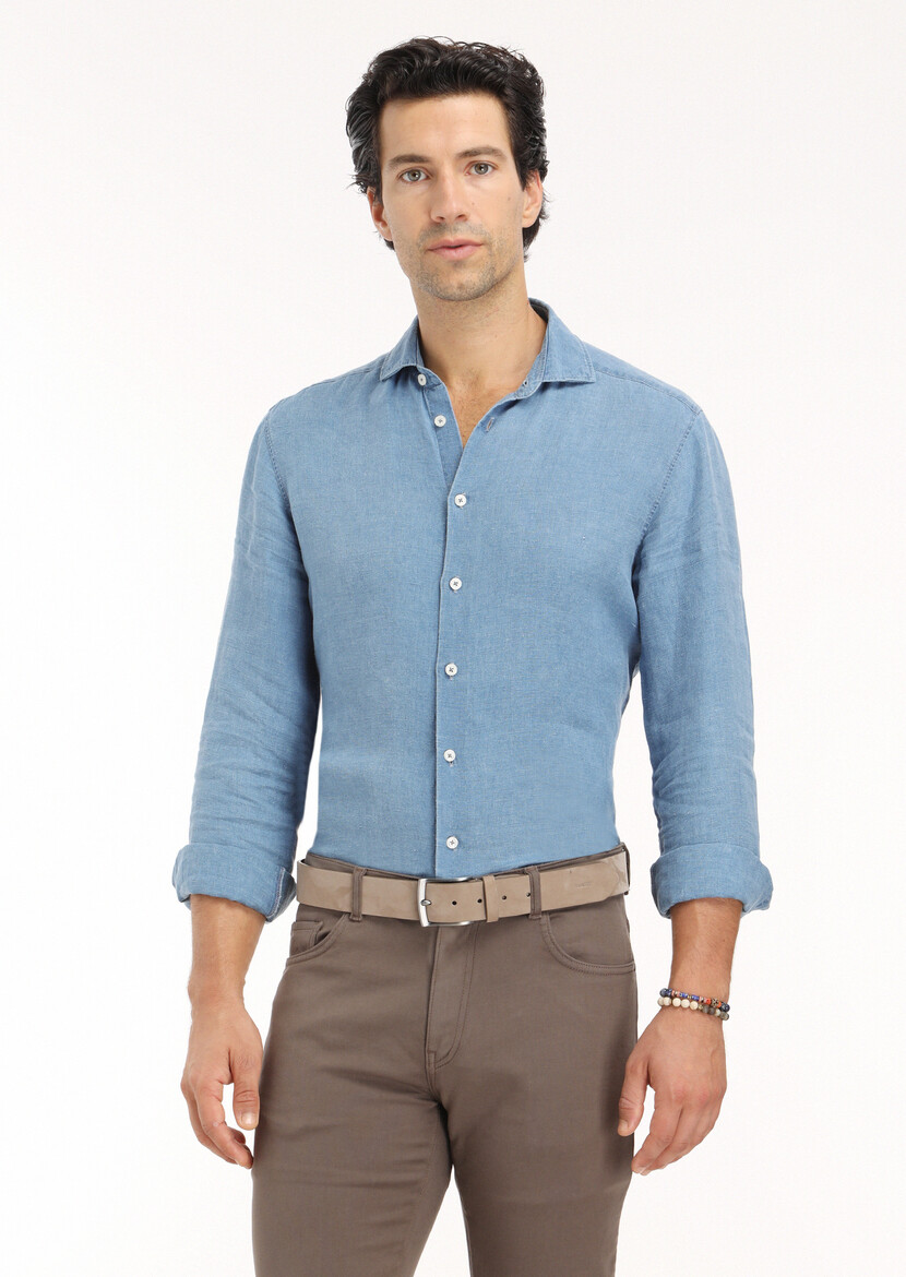 Blue Plain Regular Fit Weaving Casual Shirt - 3